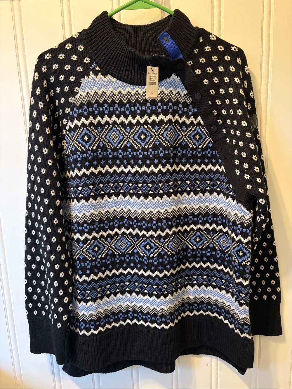 Talbots Fair Isle Cozy Thermolite Snap Button Mockneck Sweater In Blue Iris Sz L